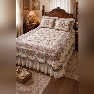 Vintage 1980s Floral Quilted Coverlet – Queen Size | Cottagecore | Made in USA?